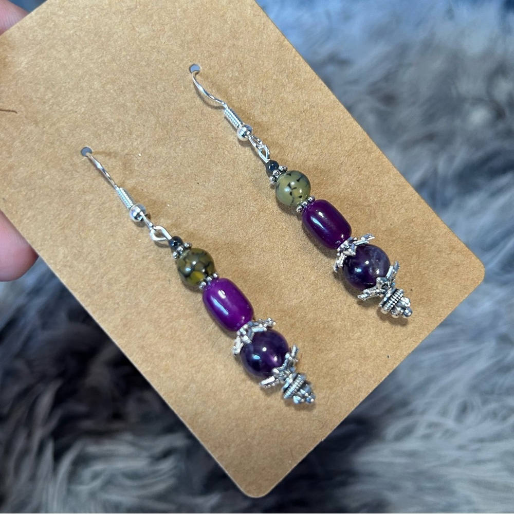 Handcrafted genuine amethyst dragon vein faceted hematite earrings